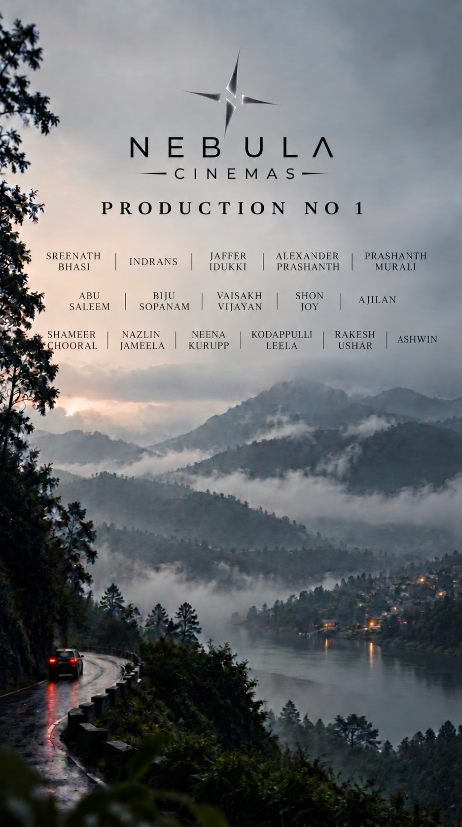 Nebula Cinemas Production No 1 poster, showing misty mountains, a lake and a winding road